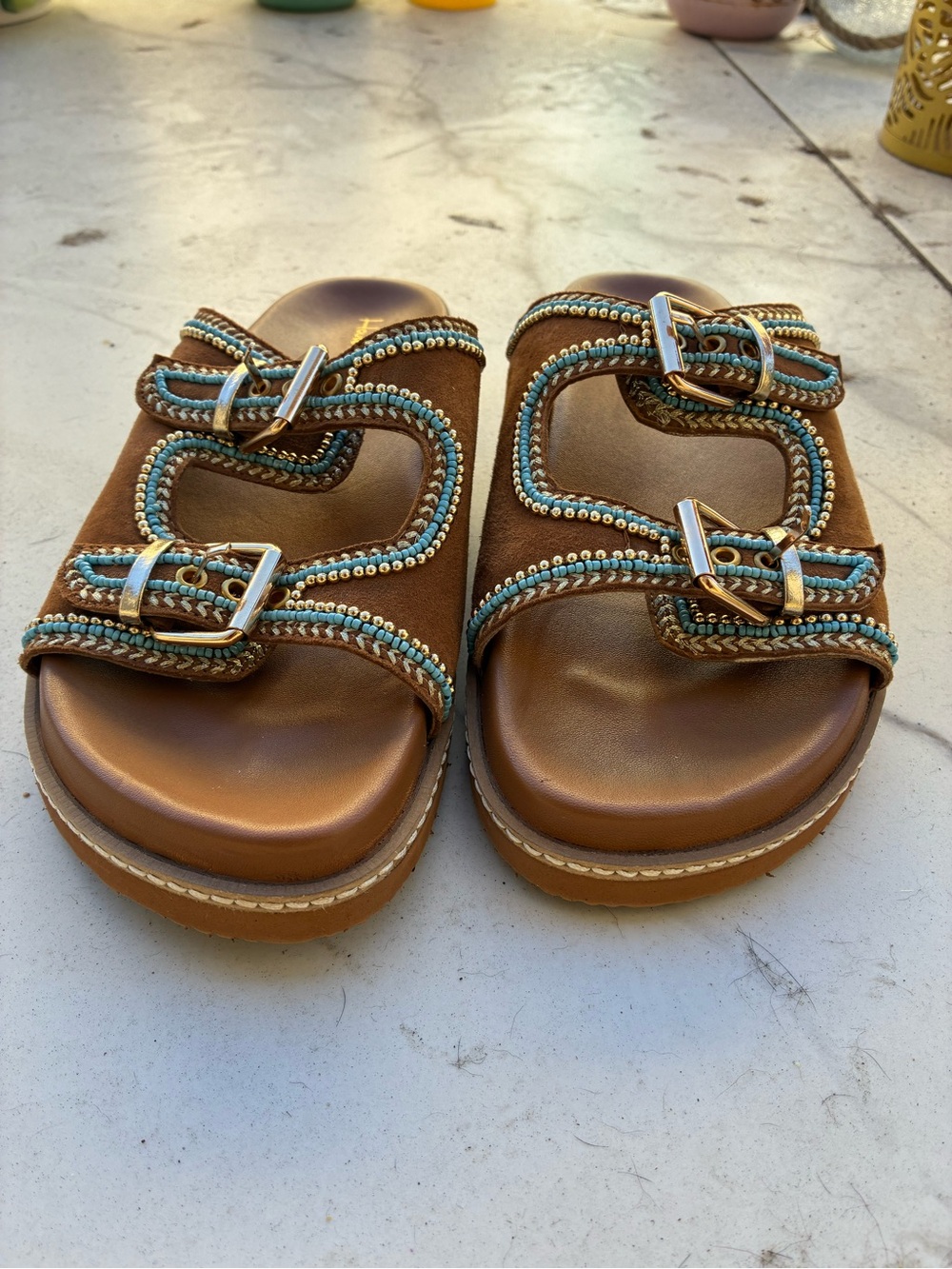 House of Harlow 1960 Brown Slide Sandals with Turquoise Trim